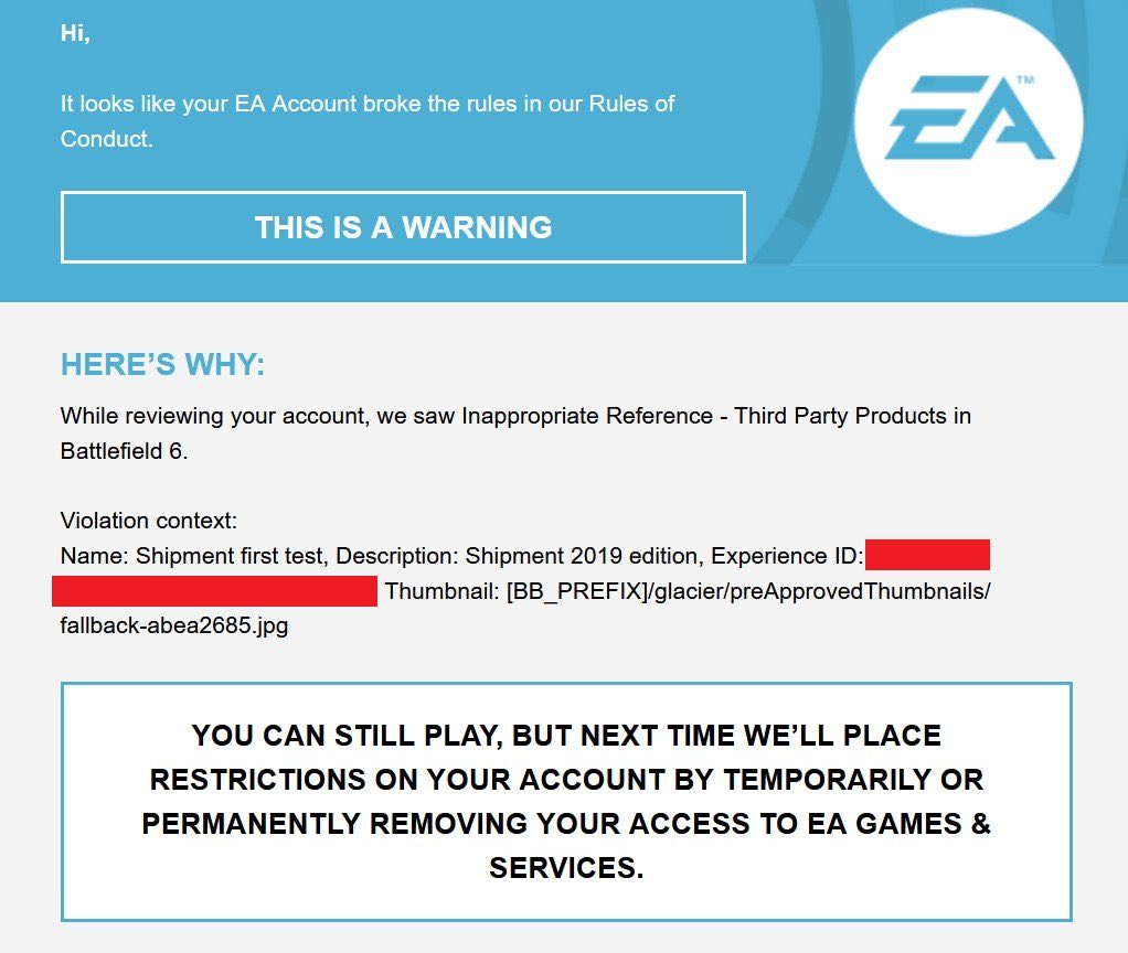 "《战地6》门户模式凉凉?EA禁止玩家复刻COD经典地图"  
(改写要点:  
1. 加入"凉凉"等玩家常用调侃词汇增强传播性  
2. 用问句制造悬念吸引点击  
3. 保留核心事件要素但调整语序,更符合游戏社区口语化表达  
4. 标题长度控制在20字内适配移动端展示) "《战地6》门户模式凉凉?EA禁止玩家复刻COD经典地图"  
(改写要点:  
1. 加入"凉凉"等玩家常用调侃词汇增强传播性  
2. 用问句制造悬念吸引点击  
3. 保留核心事件要素但调整语序,更符合游戏社区口语化表达  
4. 标题长度控制在20字内适配移动端展示)