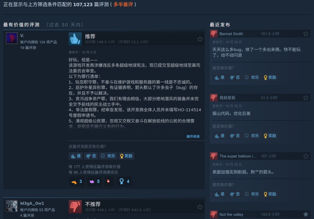 《绝地潜兵2》加入中文引热议 Steam玩家狂刷差评
