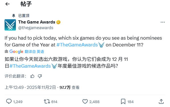 TGA官方发问：今年哪6款游戏有望入围年度最佳？