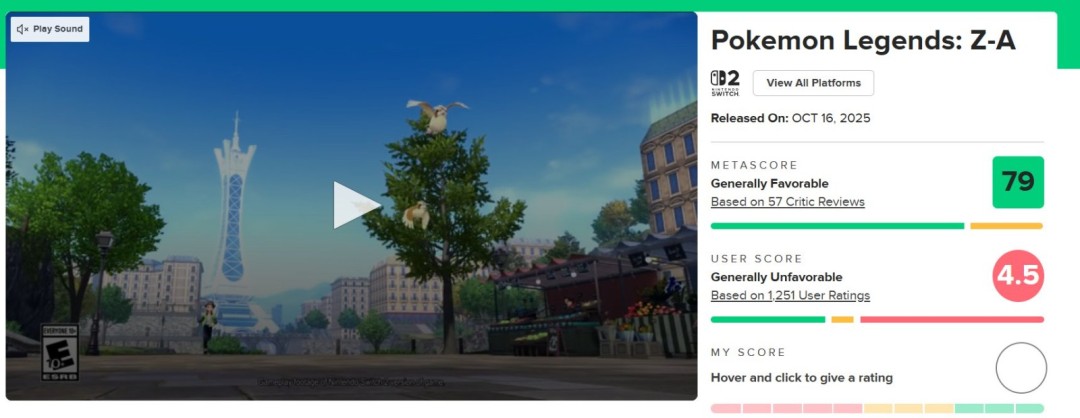 《宝可梦 Z-A》M站玩家评分仅4.3!玩家公认最让人失望的宝可梦新作