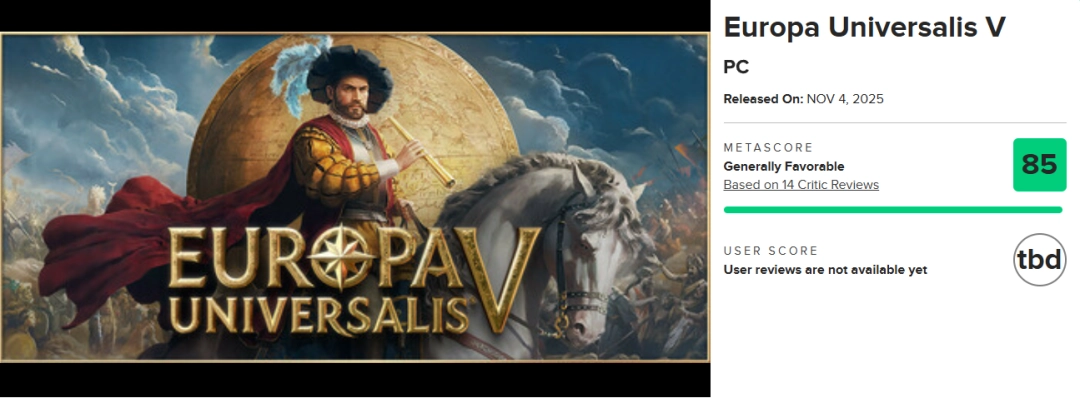 《欧陆风云5》媒体评分出炉！M站85分IGN8分，玩家狂喜：潜力无限  

（说明：1.保留核心评分数据和评价基调 2."狂喜""潜力无限"更贴近玩家社区用语 3.用"媒体评分出炉"替代原标题被动语态 4.感叹号增强游戏资讯的冲击力 5.冒号结构突出玩家群体反应）