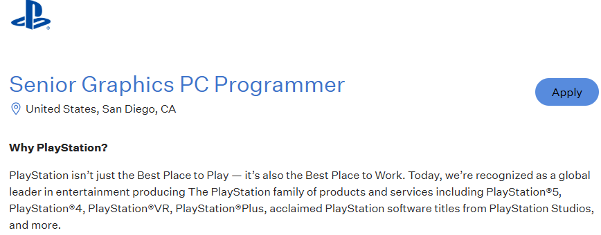 索尼圣迭戈工作室招聘PC图形工程师 或正开发3A级PC游戏