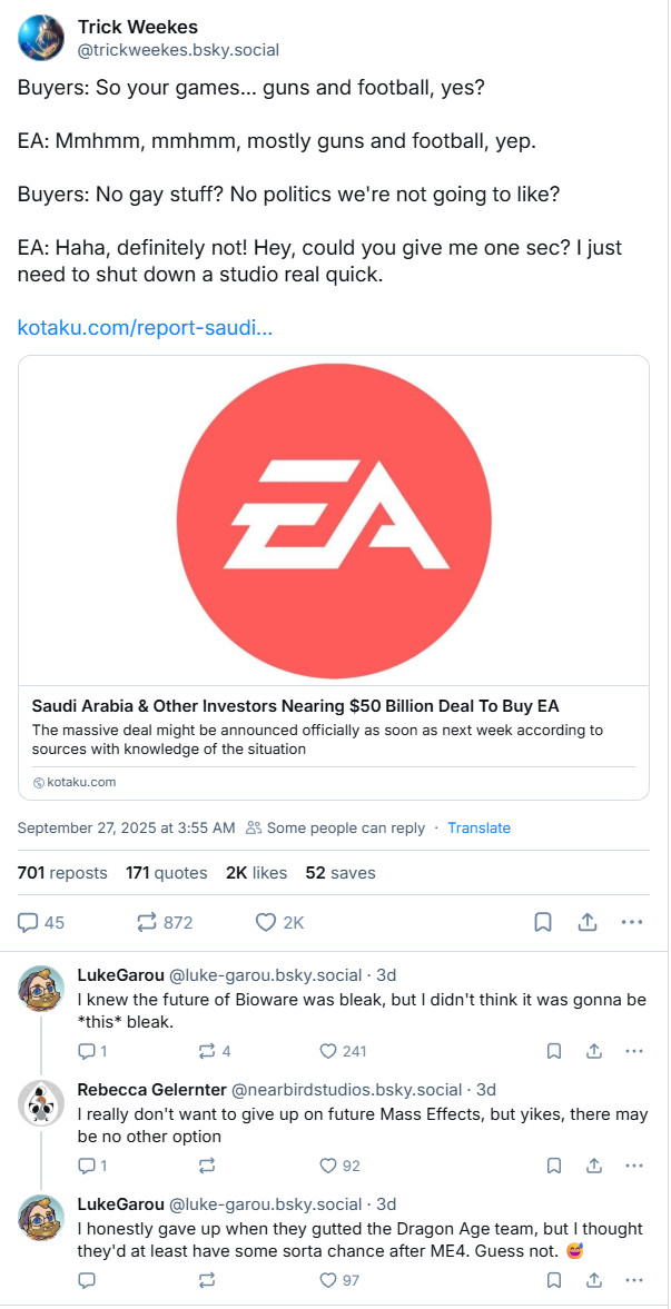 前BioWare大佬警告：EA可能关停工作室