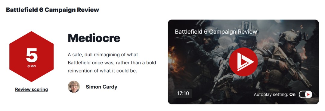 《战地6》IGN仅评5分,但MTC均分高达84!玩家:这次单人剧情拉了?