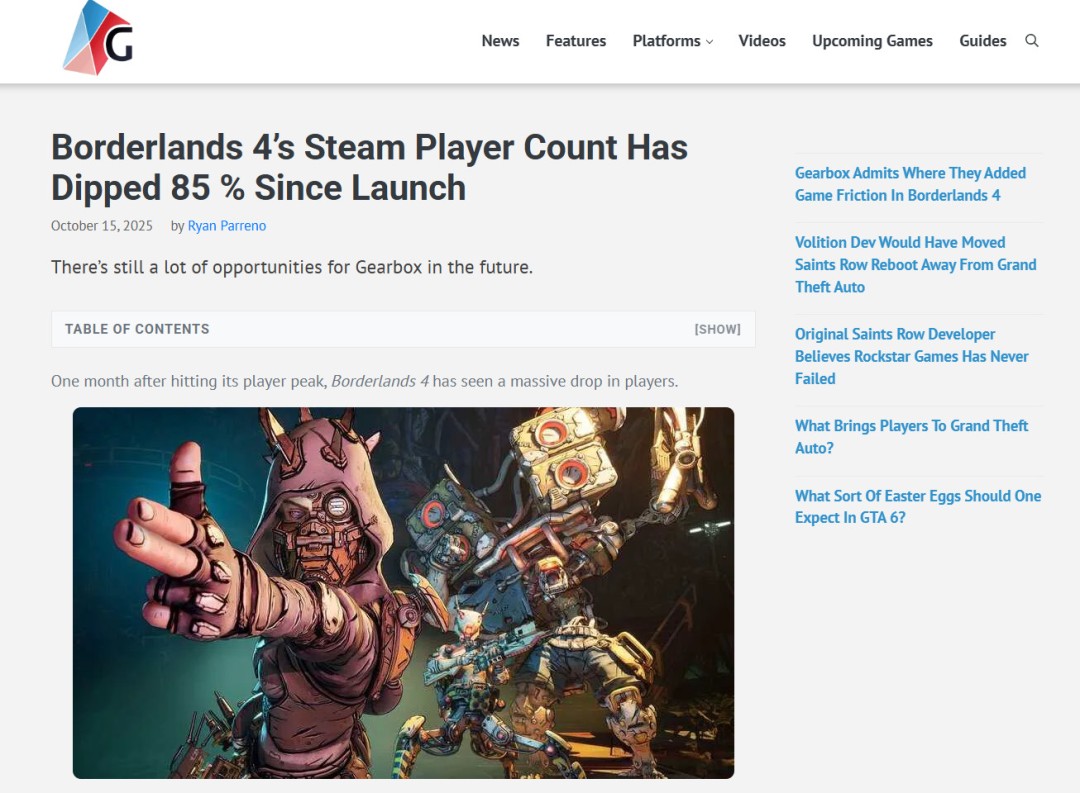 《无主之地4》Steam版发售仅一月,玩家数量暴跌85%