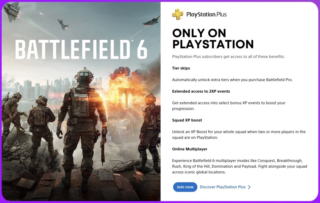 《战地6》PS5玩家福利:每局经验加成5%,领先Xbox玩家!